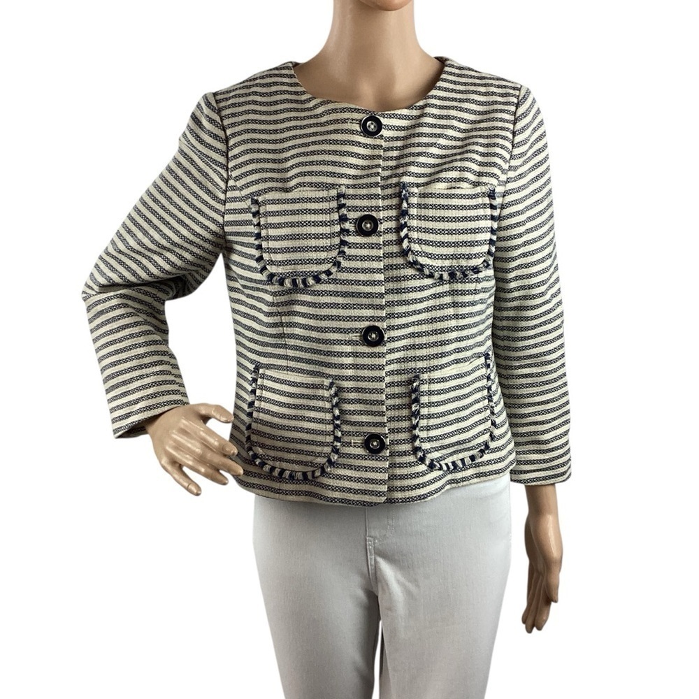 Tommy Hilfiger Striped Cotton Lined Button Jacket Navy Cream Size 8
